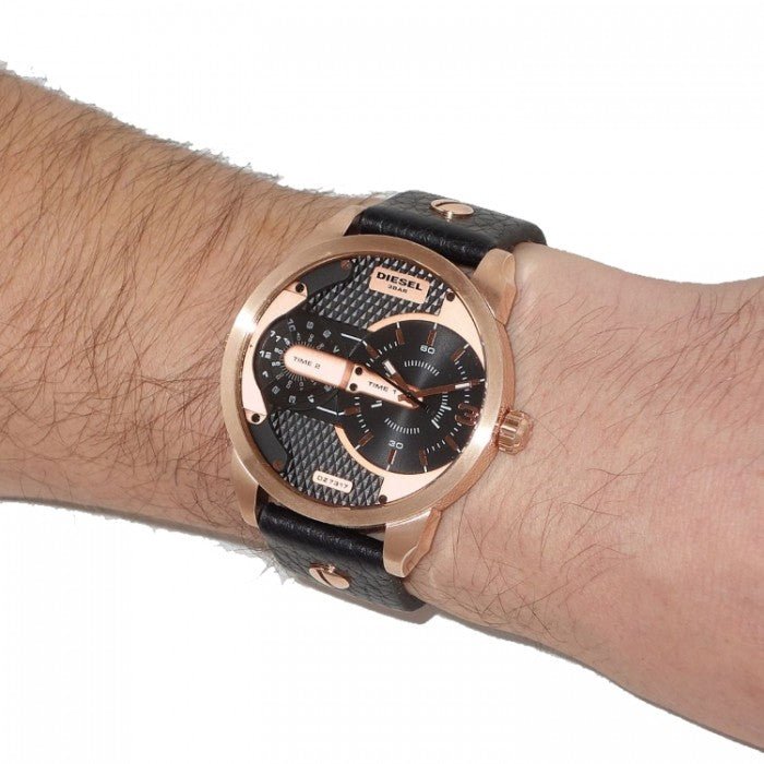 Diesel Mini Daddy Dual Time Black & Gold Dial Black Leather Strap Watch For Men - DZ7317