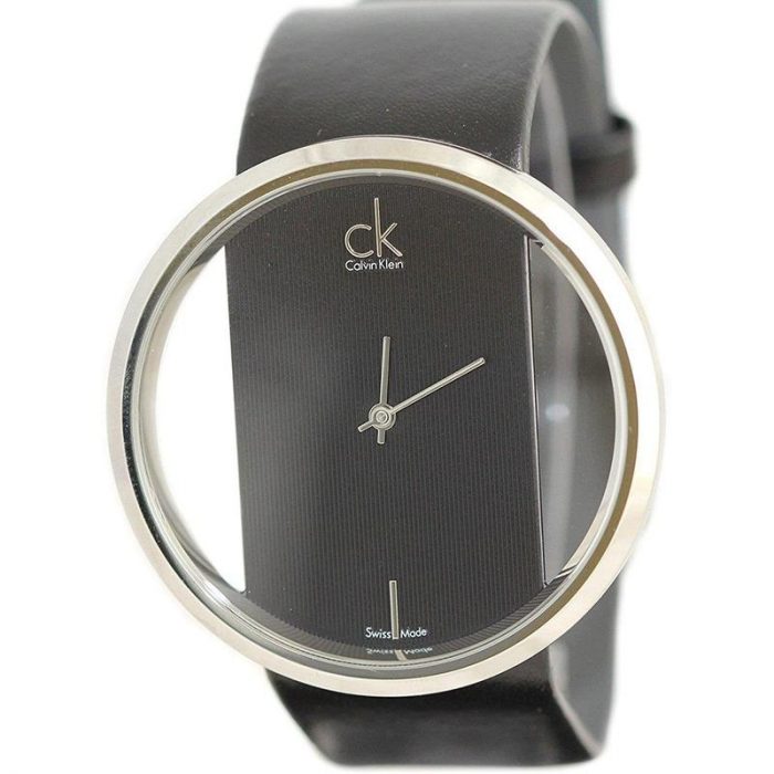 Calvin Klein Glam Transparent Dial Black Leather Strap Watch for Women - K9423107