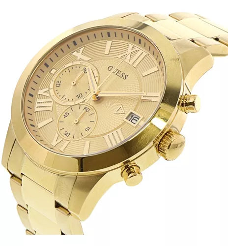 Guess Atlas Chronograph Gold Dial Gold Steel Strap Watch For Men - W0668G4
