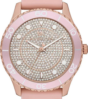 Michael Kors Runway Three Hand Crystal Pave Dial Pink Rubber Strap Watch For Women - MK6854