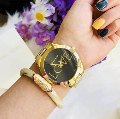 Michael Kors Slim Runway Black Dial Gold Steel Strap Watch for Women - MK3803