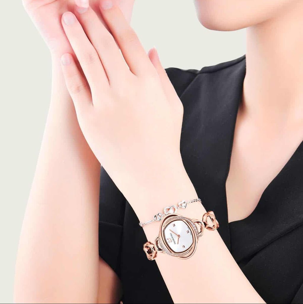 Swarovski Crystal Flower Silver Dial Rose Gold Steel Strap Watch for Women - 5547626