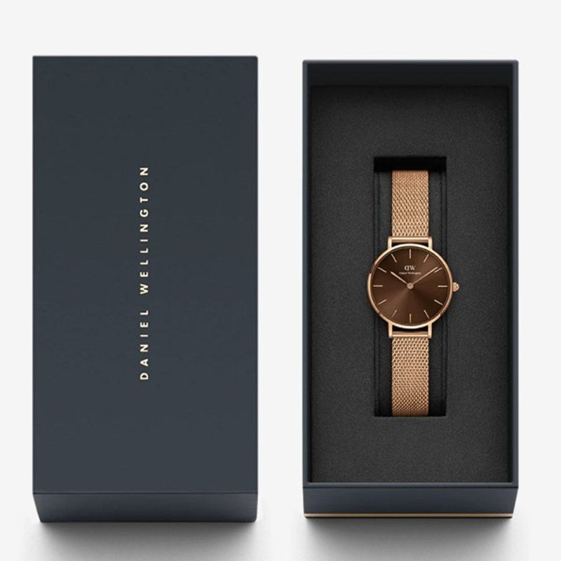 Daniel Wellington Petite Amber Brown Dial Rose Gold Mesh Strap Watch for Women - DW00100478