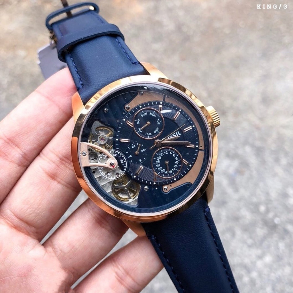 Fossil Townsman Twist Skeleton Blue Dial Blue Leather Strap Watch for Men -  ME1138