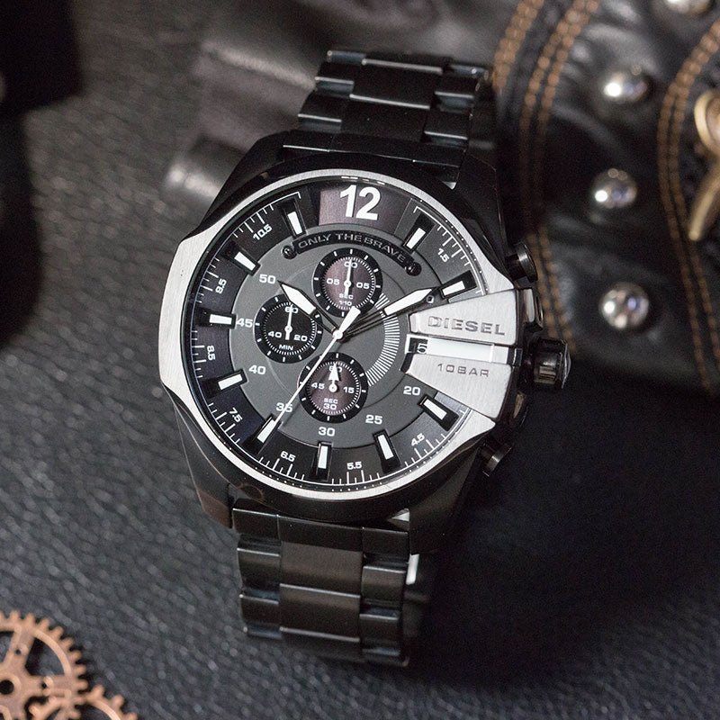 Diesel Mega Chief Chronograph Black Dial Black Steel Strap Watch For Men - DZ4283