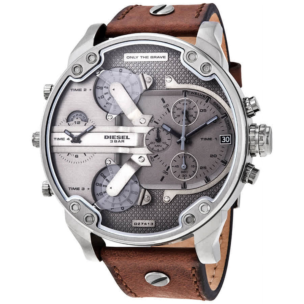 Diesel Mr Daddy Chronograph Grey Dial Brown Leather Strap Watch For Men - DZ7413