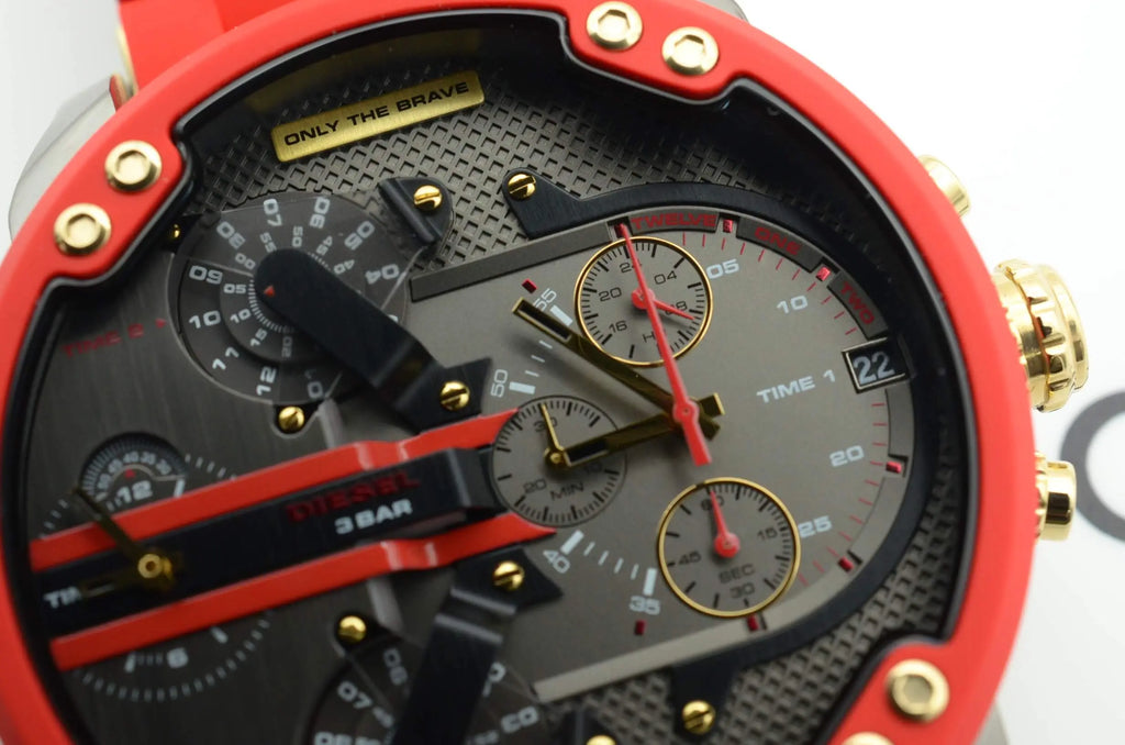 Diesel Mr Daddy 2.0 Chronograph Grey Dial Red Rubber Strap Watch For Men - DZ7430