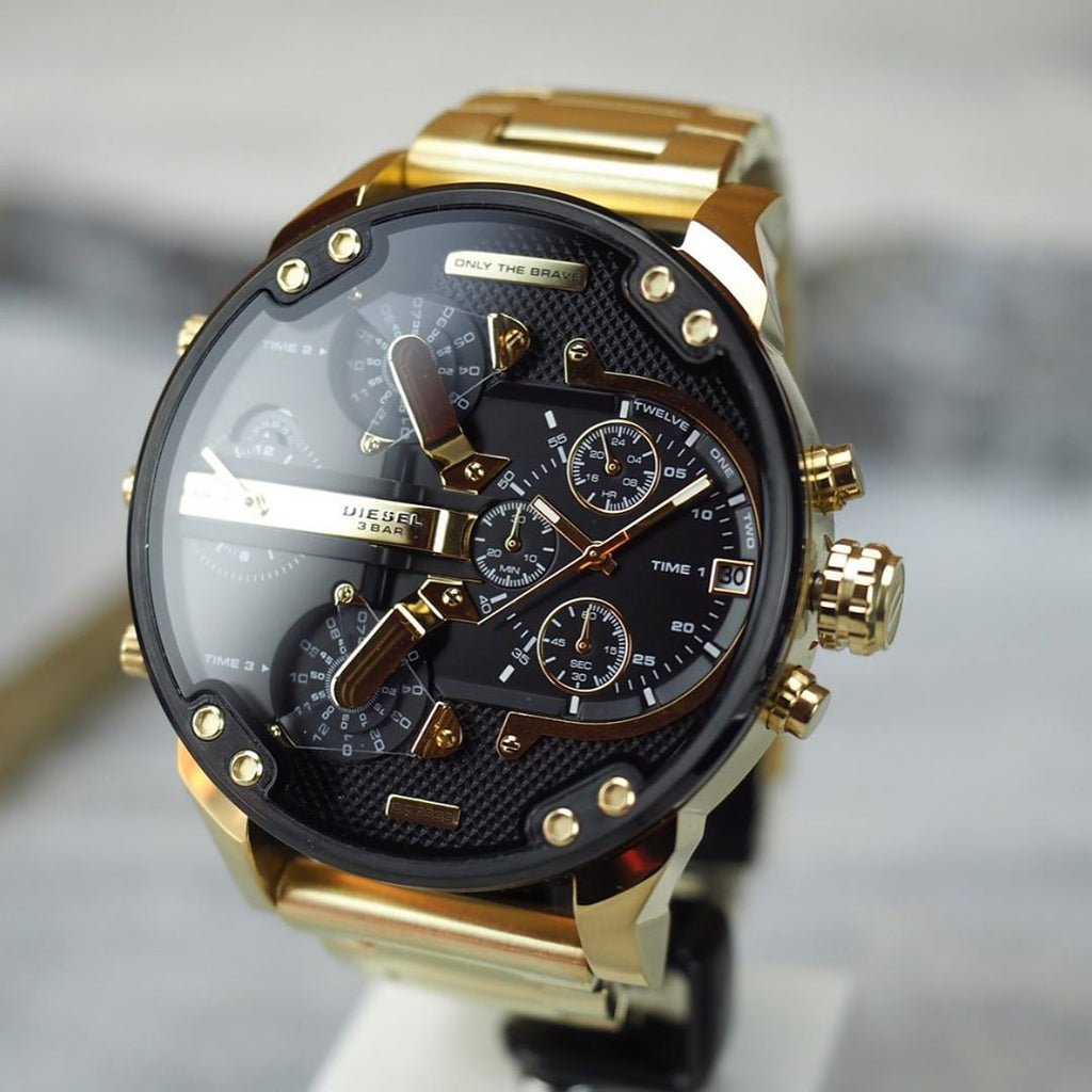 Diesel Mr Daddy 2.0 Chronograph Black Dial Gold Steel Strap Watch For Men - DZ7333