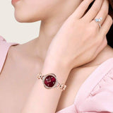 Swarovski Crystal Flower Red Dial Rose Gold Steel Strap Watch for Women - 5552783