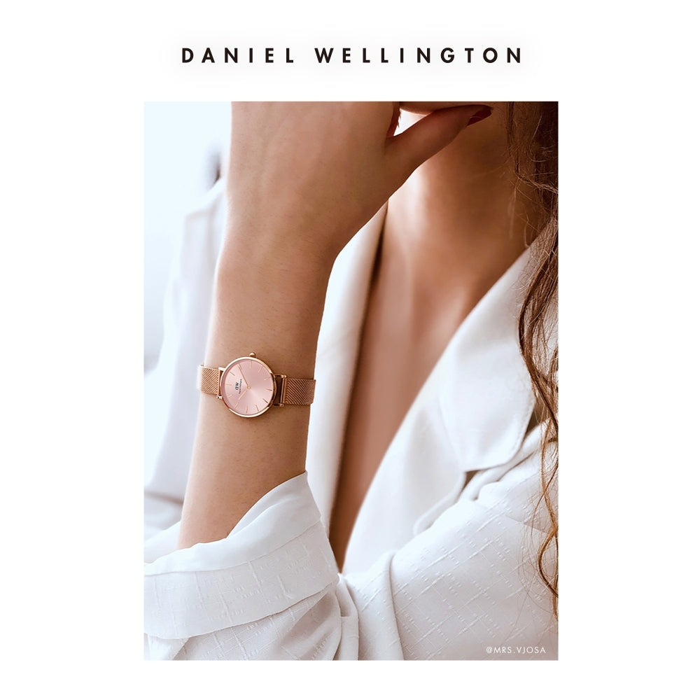 Daniel Wellington Petite Melrose Pink Dial Rose Gold Mesh Strap Watch For Women - DW00100367