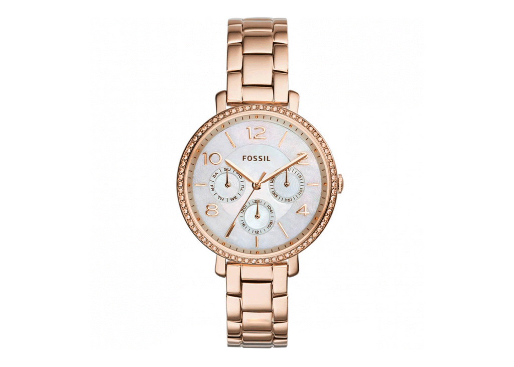 Fossil Jacqueline Multi Function Mother of Pearl Dial Rose Gold Steel Strap Watch for Women - ES3757