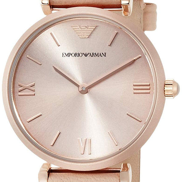 Emporio Armani Gianni T-Bar Quartz Rose Gold Dial Pink Leather Strap Watch For Women - AR11001