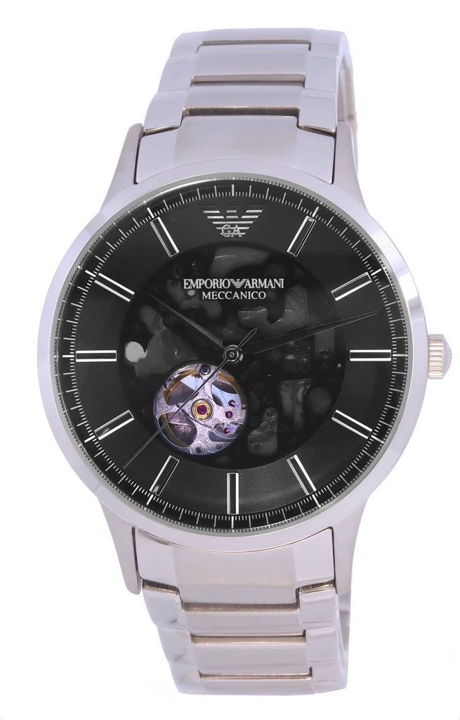 Emporio Armani Meccanico Automatic Black Dial Silver Steel Strap Watch For Men - AR60055