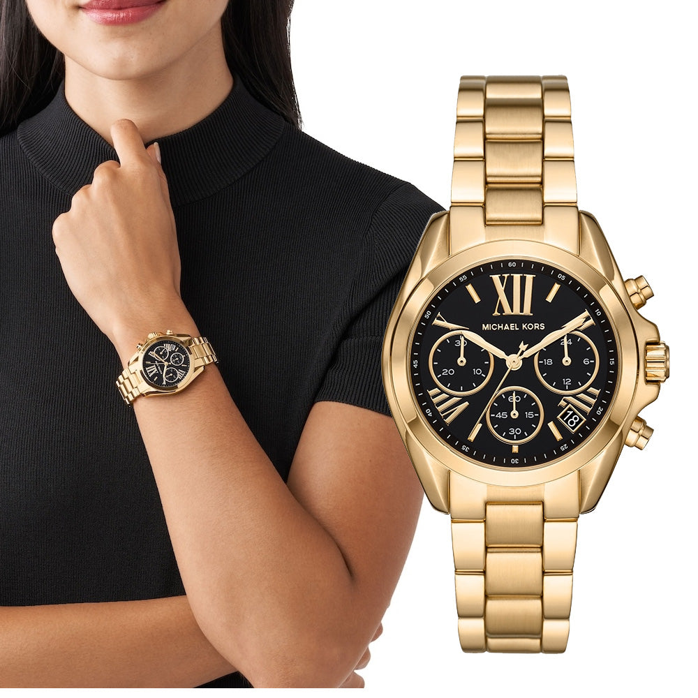 Michael Kors Bradshaw Chronograph Black Dial Gold Steel Strap Watch For Women - MK6959