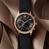 Guess Solar 40mm Black & Rose Gold Dial Black Rubber Strap Watch For Women - W1135L4