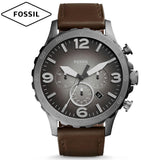 Fossil Nate Chronograph Grey Dial Brown Leather Strap Watch for Men - JR1424