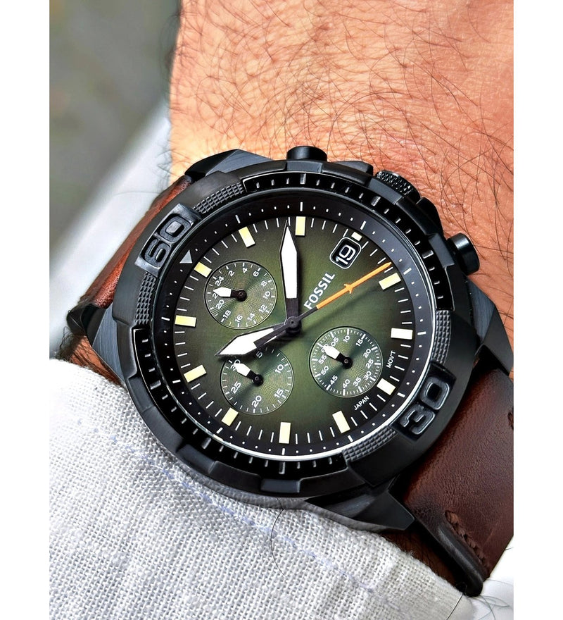 Fossil Bronson Chronograph Black Dial Brown Leather Strap Watch for Men - FS5856