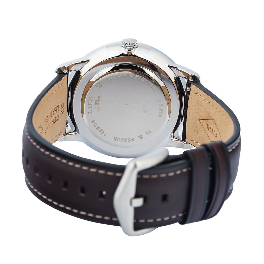 Fossil Neutra Minimalist Moonphase Silver Dial Brown Leather Strap Watch for Men - FS5905