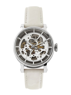 Fossil Boyfriend Automatic Skeleton Silver Dial White Leather Strap Watch for Women - ME3069