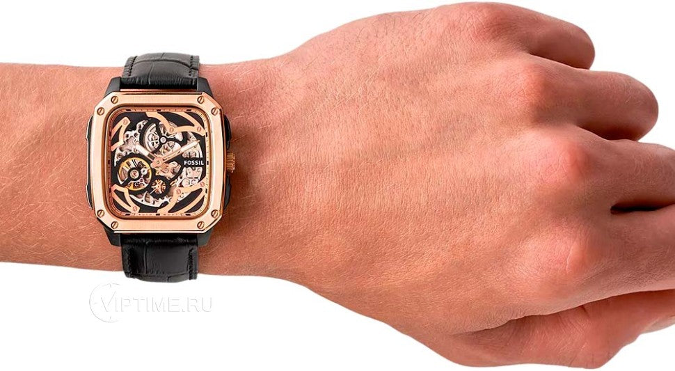 Fossil Inscription Automatic Skeleton Rose Gold Dial Black Leather Strap Watch for Men - BQ2572