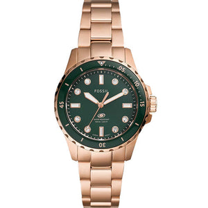 Fossil Blue Dive Three Hand Green Dial Rose Gold Steel Strap Watch For Women - ES5371