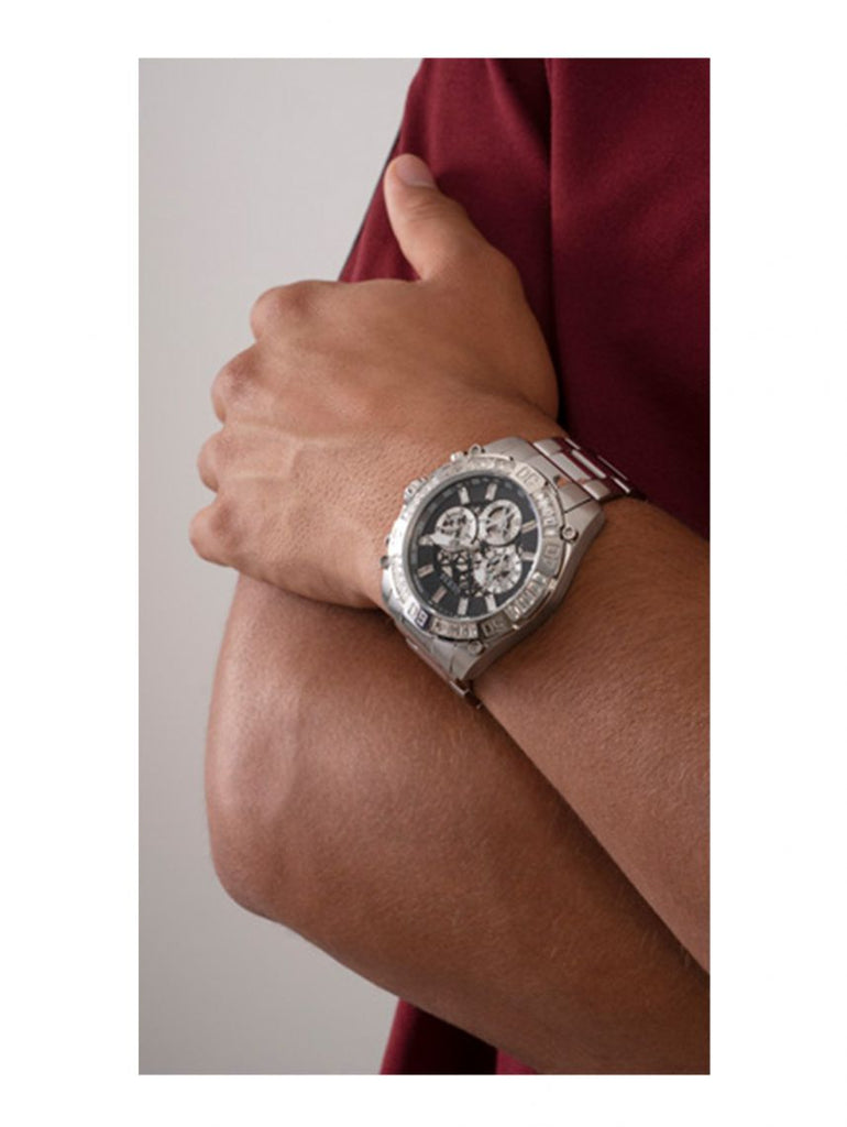 Guess Trophy Chronograph Diamonds Black Dial Silver Steel Strap Watch for Men - GW0390G1
