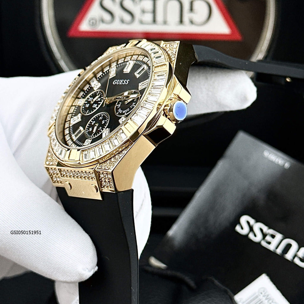 Guess Zeus Chronograph Diamonds Black Dial Black Silicone Strap Watch For Men - GW0208G2