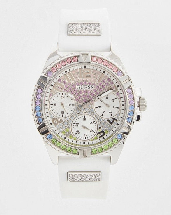 Guess Frontier Diamonds Silver Dial White Rubber Strap Watch for Women - GW0045L1
