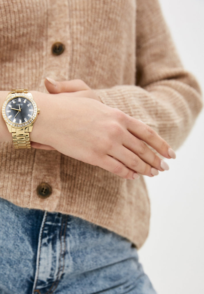 Guess Sparkler Diamonds Black Dial Gold Steel Strap Watch for Women - GW0111L2