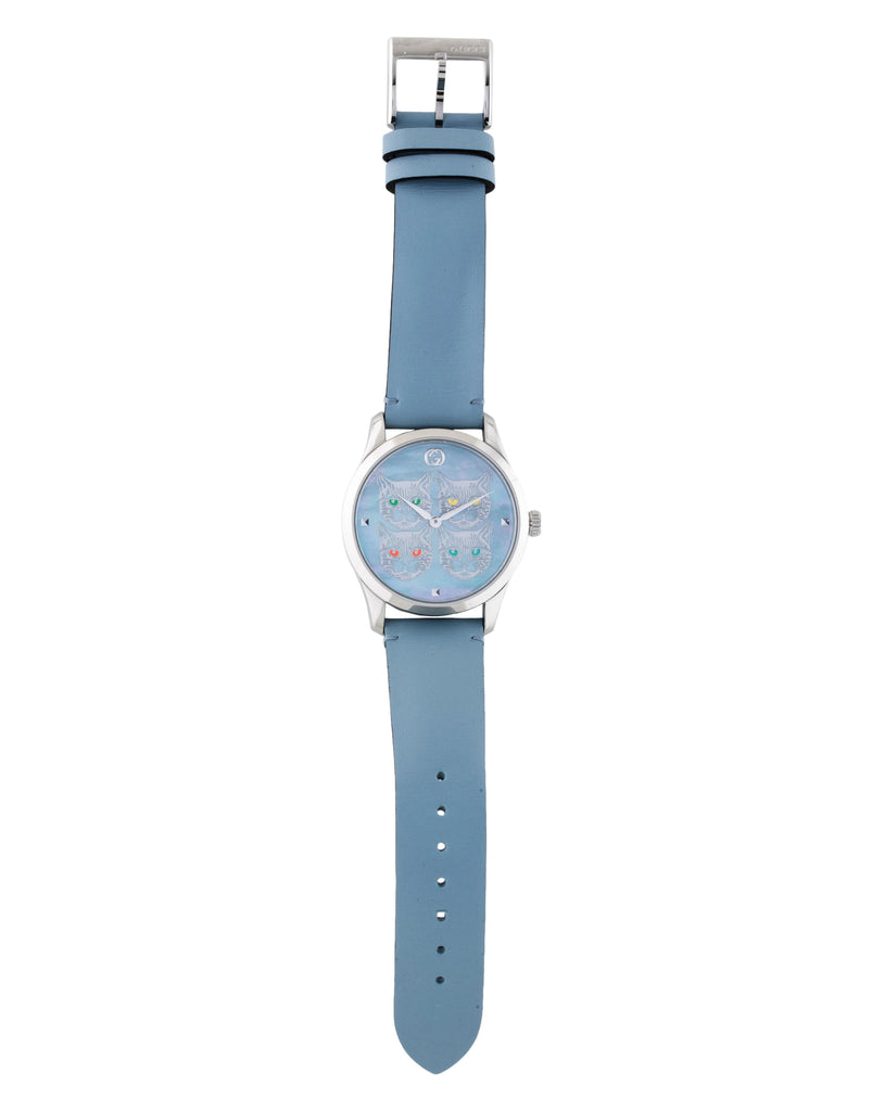Gucci G Timeless Quartz Mother of Pearl Dial Blue Leather Strap Watch For Women - YA1264124