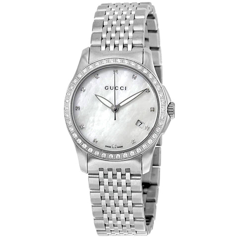 Gucci G Timeless Diamonds Mother of Pearl Dial Silver Mesh Bracelet Watch For Women - YA126508