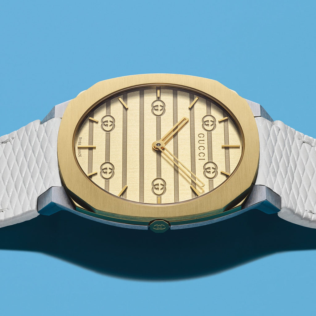 Gucci 25H Quartz Gold Dial Silver Steel Strap Watch for Men - YA163405