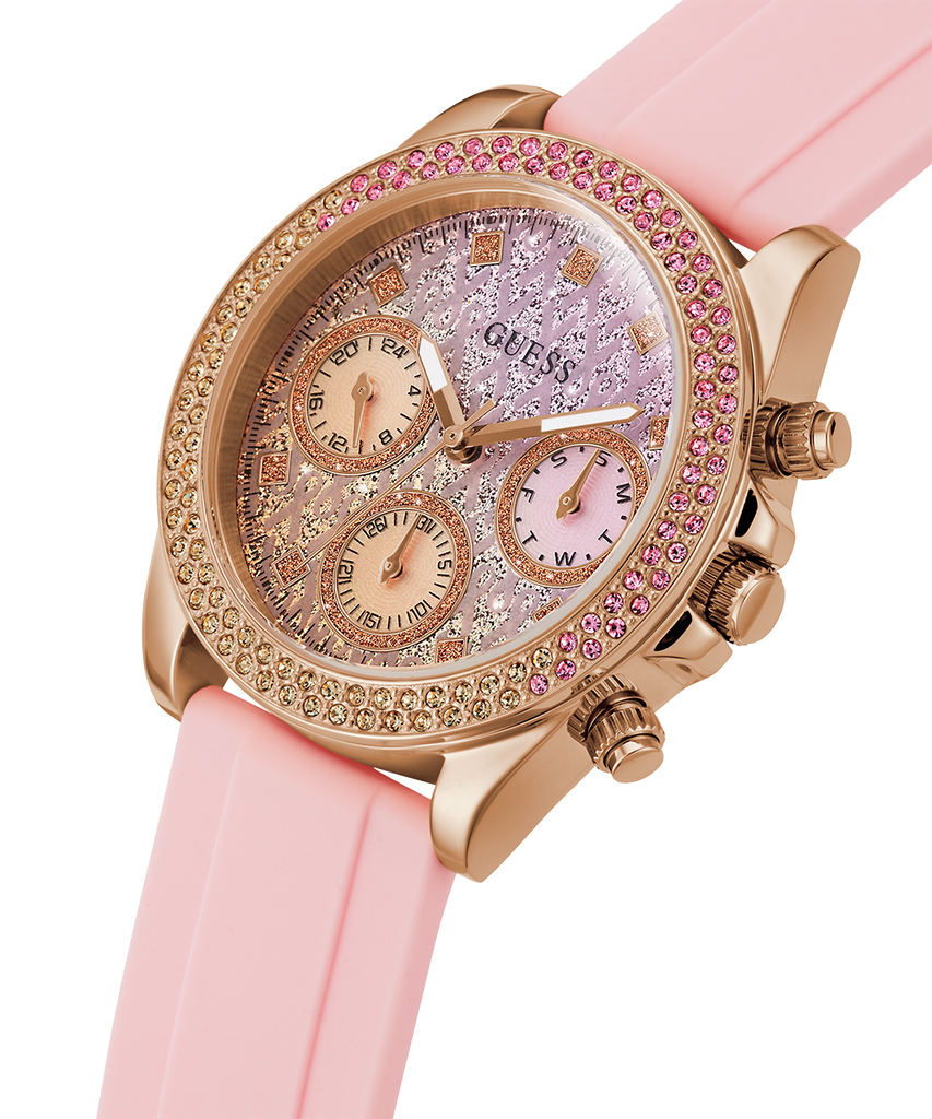 Guess Sparkling Chronograph Crystals Pink Dial Pink Silicone Strap Watch For Women - GW0032L4