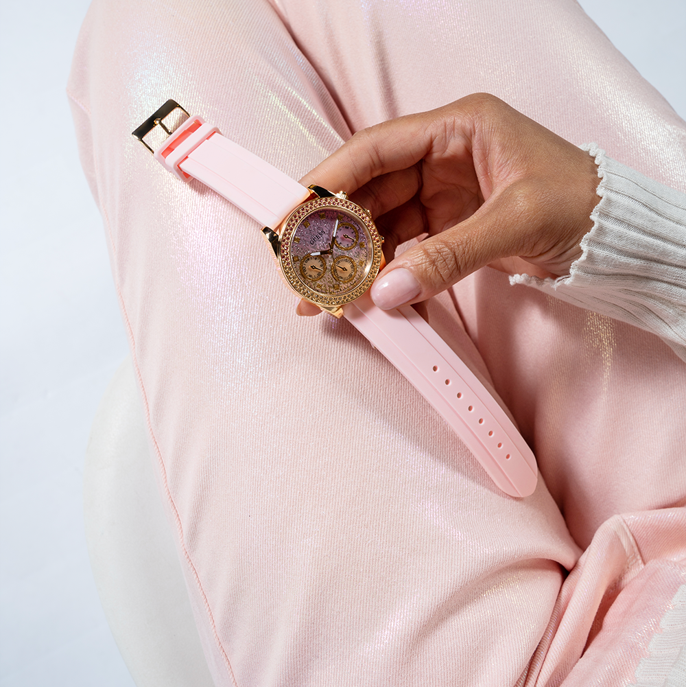 Guess Sparkling Chronograph Crystals Pink Dial Pink Silicone Strap Watch For Women - GW0032L4