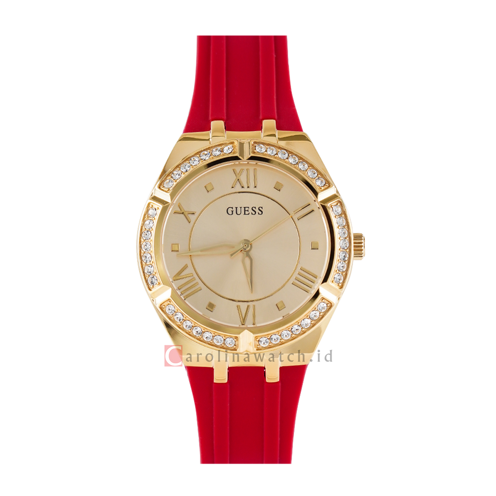 Guess Cosmo Diamonds Gold Dial Red Rubber Strap Watch for Women - GW0034L6