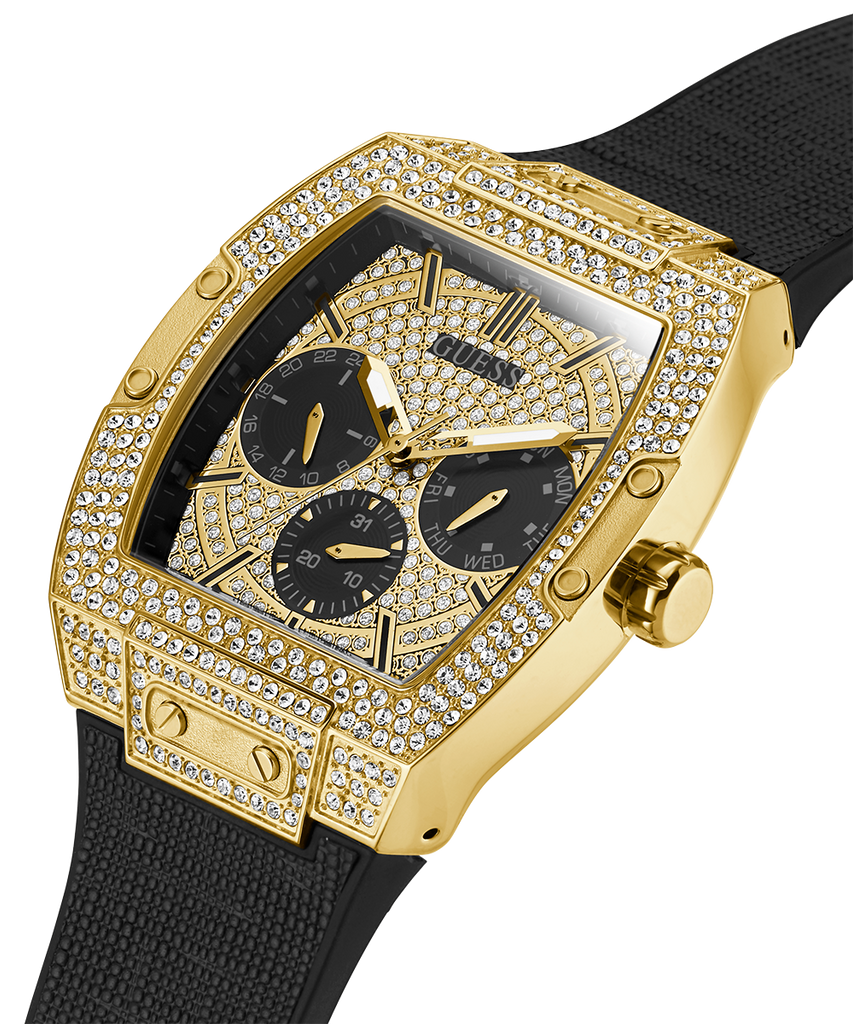 Guess Phoenix Multifunction Crystals Gold Dial Black Silicone Strap Watch For Men - GW0048G2