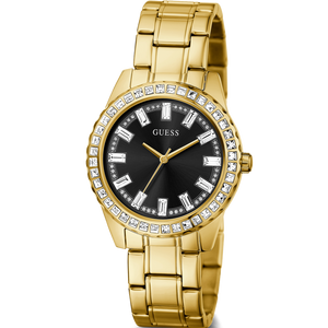 Guess Sparkler Diamonds Black Dial Gold Steel Strap Watch for Women - GW0111L2