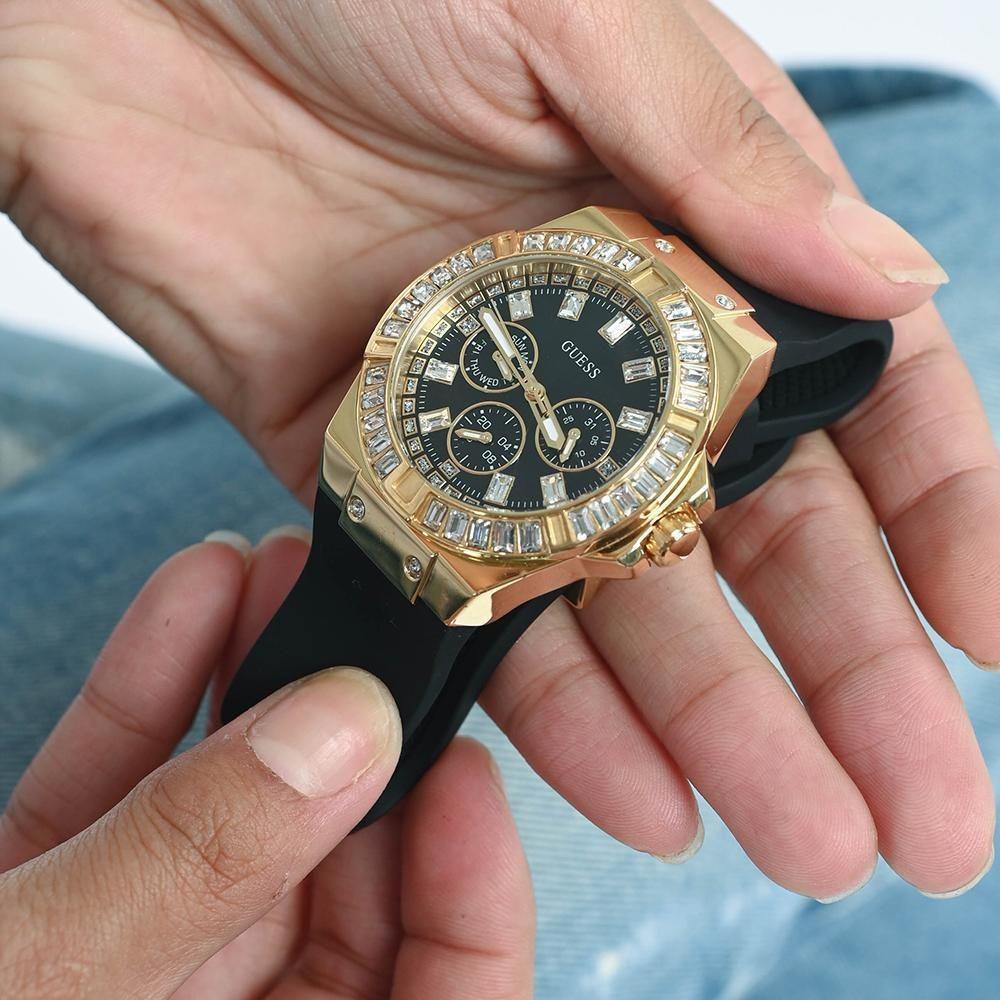 Guess Zeus Chronograph Diamonds Black Dial Black Silicone Strap Watch For Men - GW0208G2