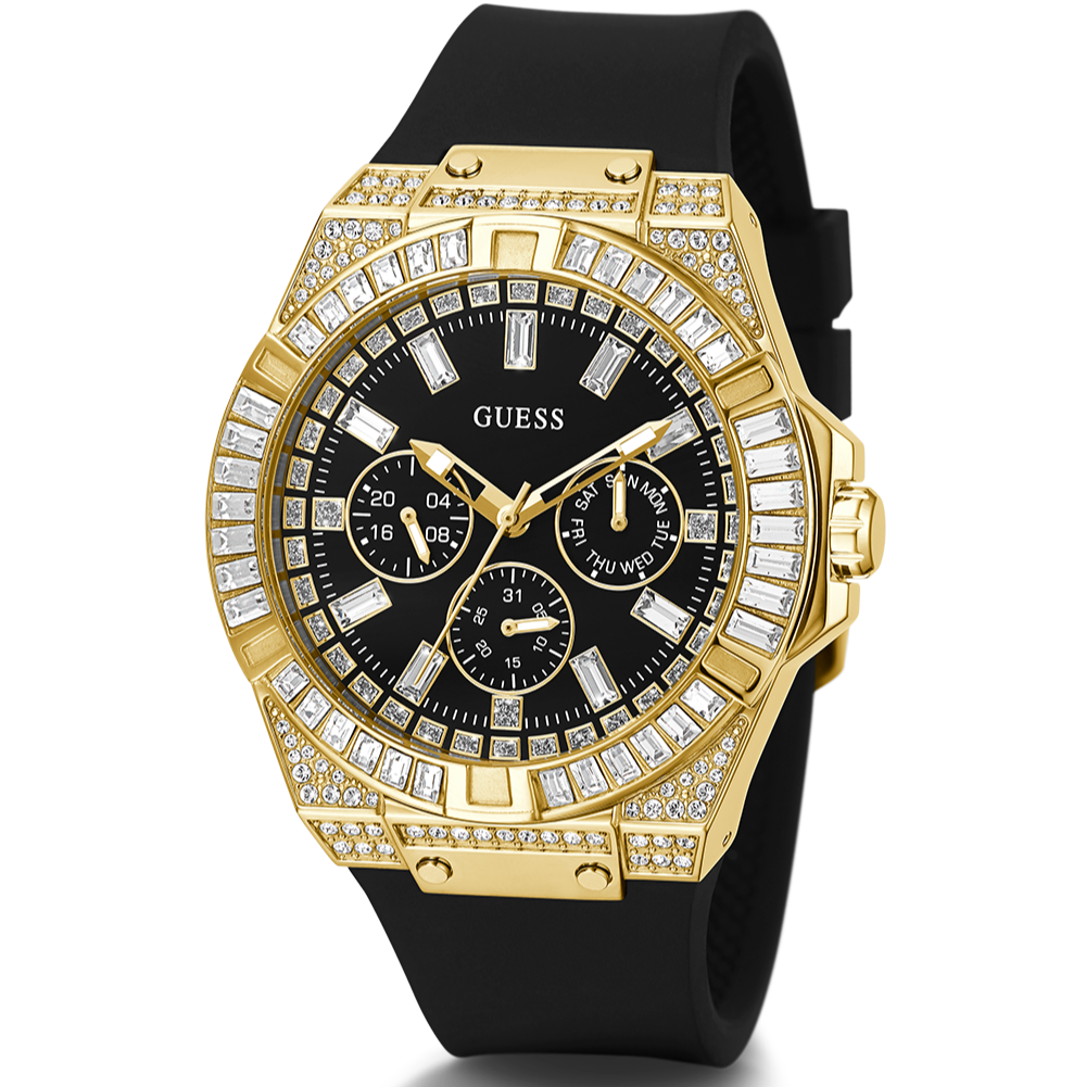 Guess Zeus Chronograph Diamonds Black Dial Black Silicone Strap Watch For Men - GW0208G2