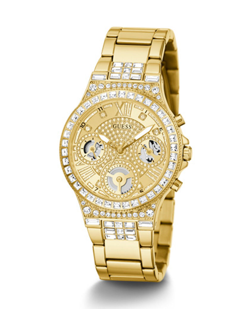 Guess Moonlight Multi Function Diamonds Gold Dial Gold Steel Strap Watch for Women - GW0320L2