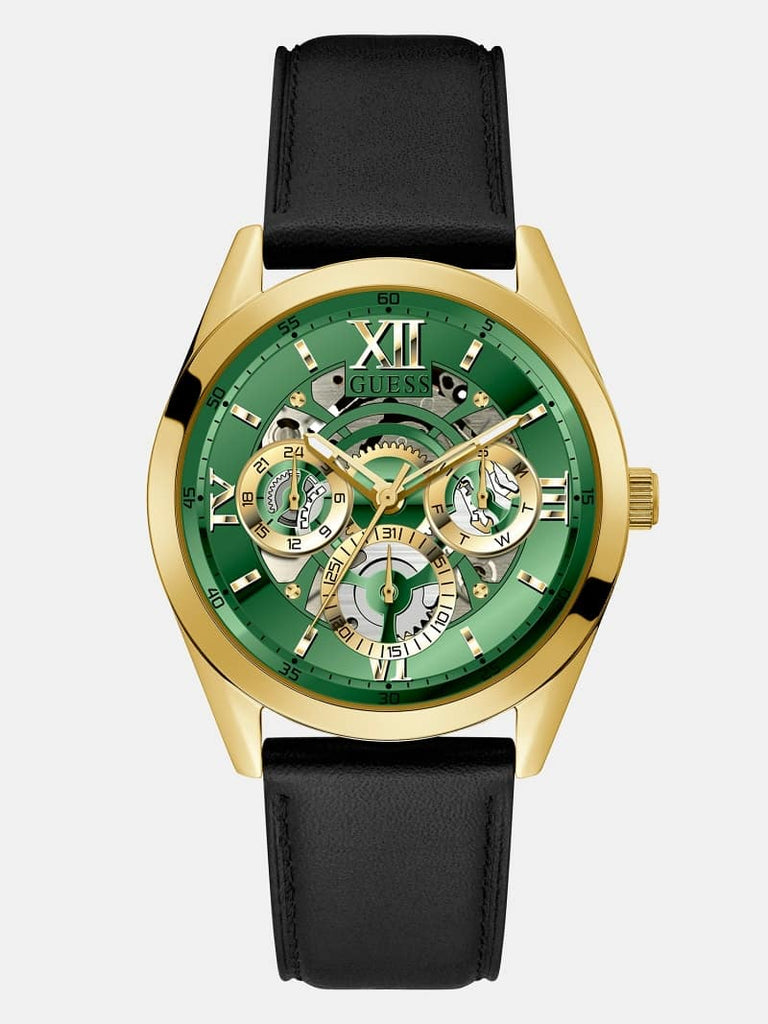 Guess Multifunction Chronograph Green Dial Black Leather Strap Watch For Men - GW0389G7