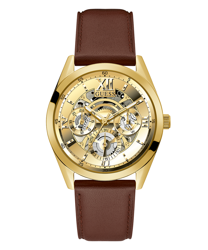 Guess Multifunction Chronograph Gold Dial Brown Leather Strap Watch For Men - GW0389G5