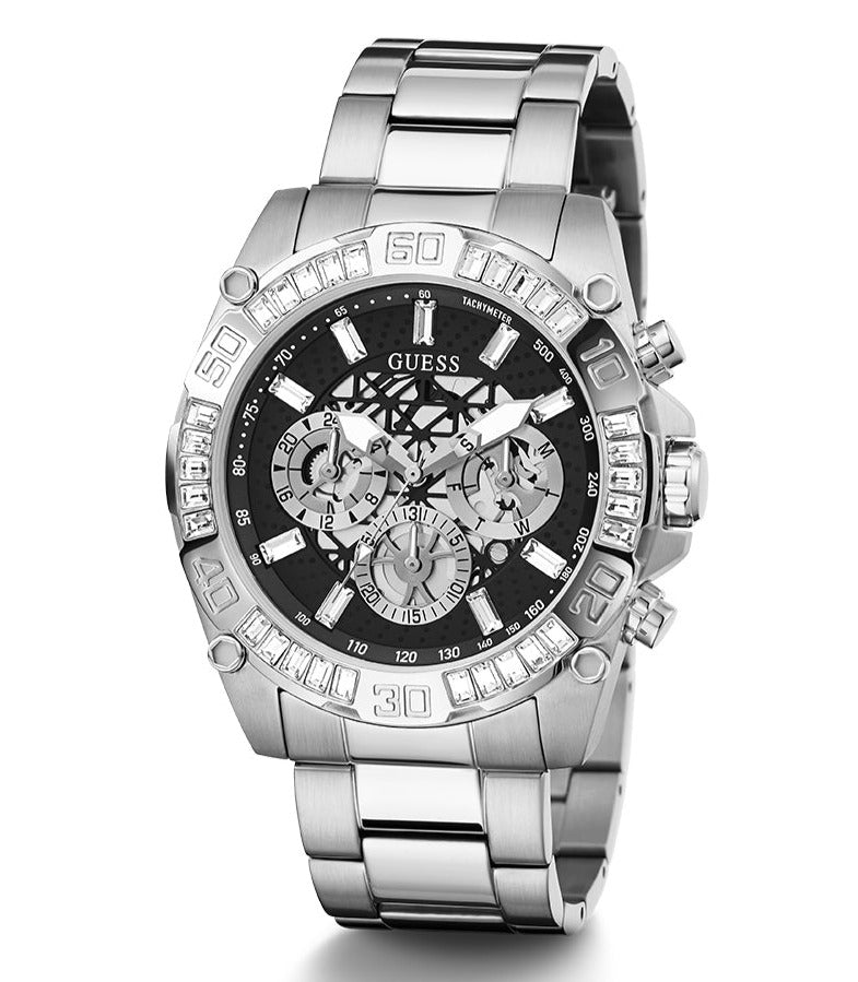 Guess Trophy Chronograph Diamonds Black Dial Silver Steel Strap Watch for Men - GW0390G1