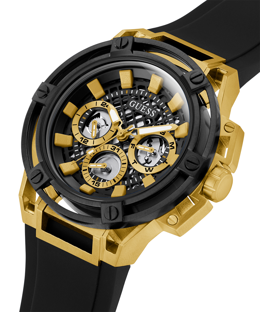 Guess Matrix Multifunction Gold Dial Black Rubber Strap Watch For Men - GW0423G2