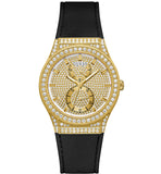 Guess Princess Crystals Gold Dial Black Silicone Strap Watch For Women - GW0439L2
