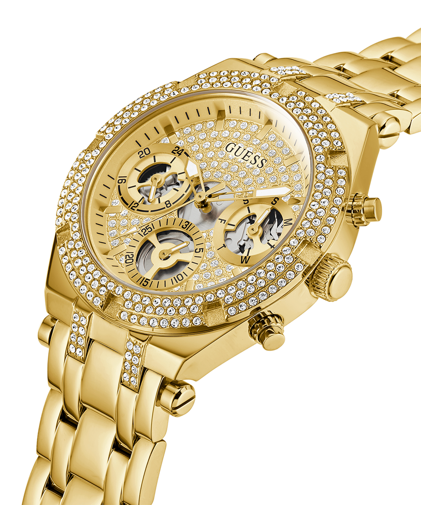 Guess Heiress Multifunction Diamonds Gold Dial Gold Steel Strap Watch for Women - GW0440L2
