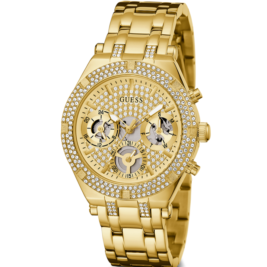 Guess Heiress Multifunction Diamonds Gold Dial Gold Steel Strap Watch for Women - GW0440L2
