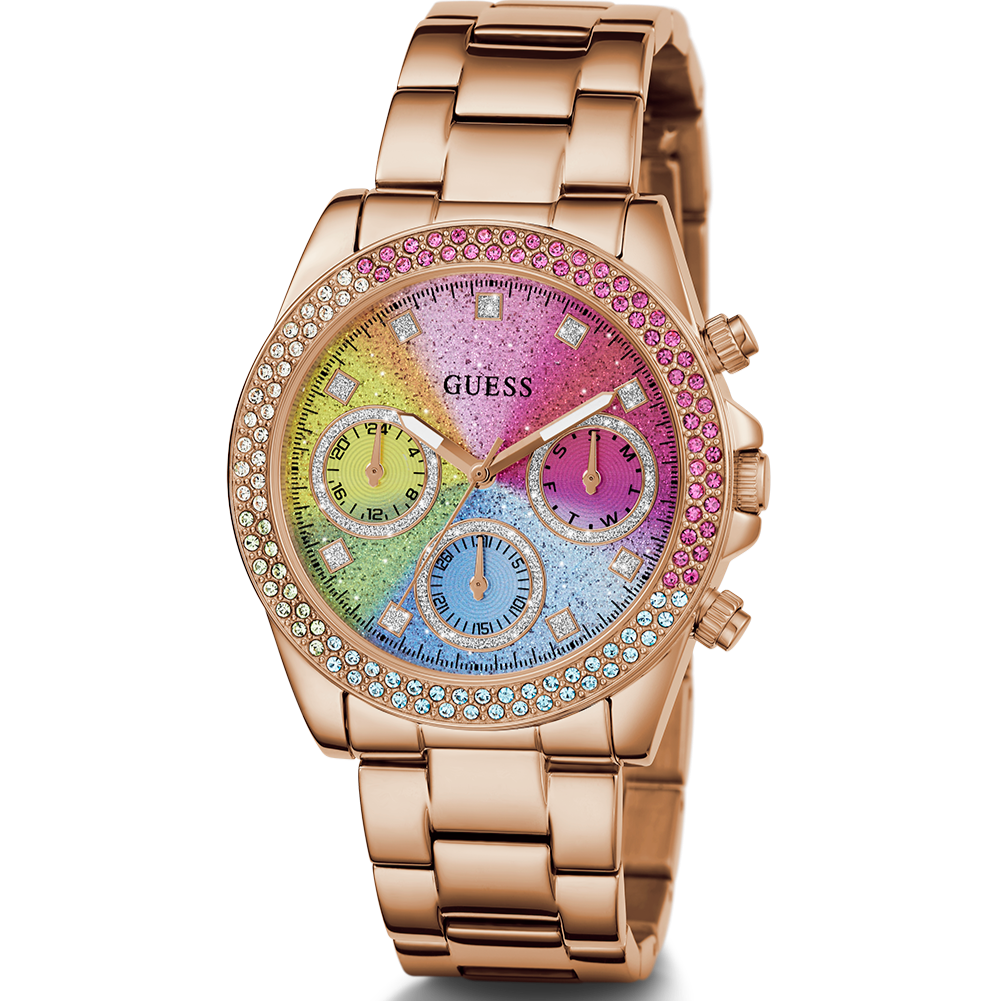 Guess Confetti Multifunction Multicolor Dial Rose Gold Steel Strap Watch For Women - GW0483L3