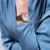 Guess Confetti Chronograph Rainbow Dial Gold Steel Strap Watch For Women - GW0483L4