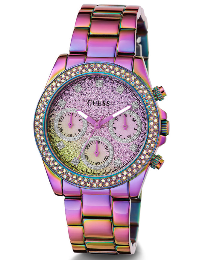 Guess Confetti Chronograph Crystals Multicolor Dial Purple Steel Strap Watch For Women - GW0483L5